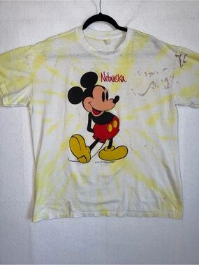 Vintage Velva Sheen Mickey Mouse Nebraska Tee Disney White & Yellow Tie-Dye